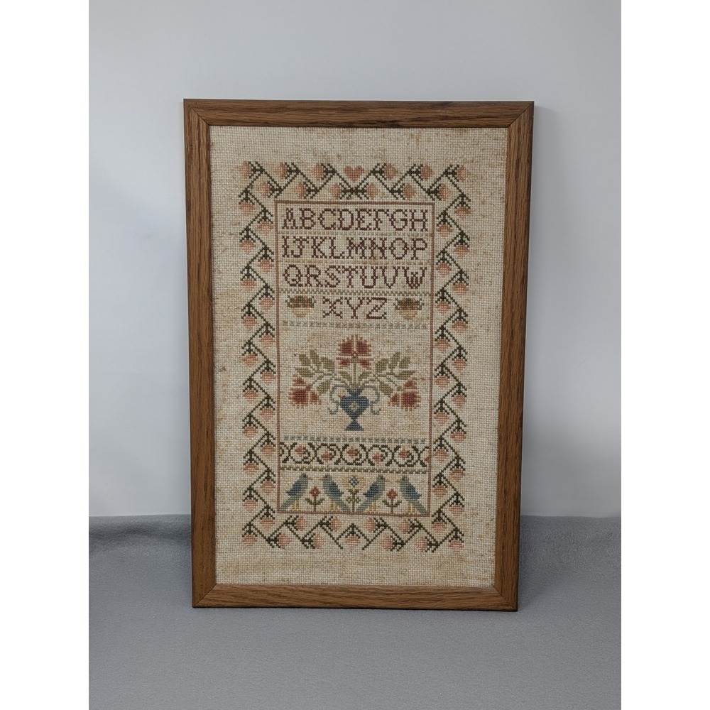 Large Vintage Framed Cross Stitch Sampler ABC Alphabet Farmhouse Folk Art